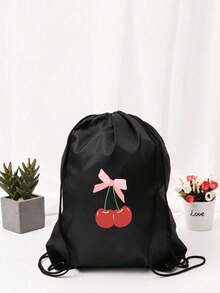 1 pezzo Zaino con coulisse carino a stampa di ciliegie/fiocchi, in materiale di poliestere, adatto per ragazzi e ragazze, zaino sportivo di grande capacità, borsa da basket, adatto per sport e attività all'aperto - nero - Visualizzare 4