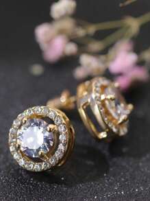 1 Pair Luxury Classic Round Micropave White Cubic Zirconia Stud Earrings, Women's Chic Jewelry