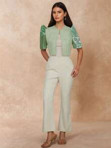 Ladies Spring/Summer Floral Puff Sleeve Cropped Cardigan Top Terno - Green - View 3