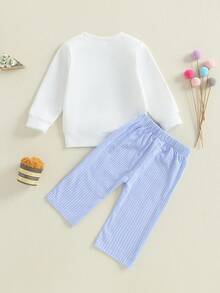 1st Birthday Boy Outfit Toddler Baby Party Animal Embroidery Sweatshirt Top Gingham Plaid Linen Pants Set Fall Winter Clothes - Màu xanh lam - Xem 2