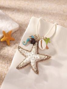 1pc Cute Ocean Style Raffia Grass Starfish Seahorse Shell Palm Tree Beaded Long Necklace, Suitable For Women Daily Casual Beach Vacation Wear, Decor For Dresses - Multicolor - View 1