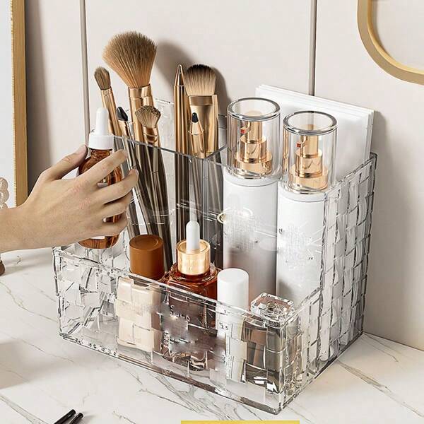 1 Piece Crystal Woven Rattan Style Makeup Storage Box, 3 Rooms Pet Material