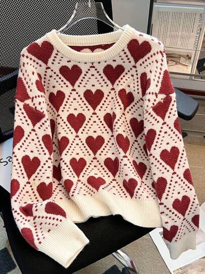Suéter holgado de patrón de corazón, elegante y casual, adecuado para otoño/invierno y el Día de San Valentín
