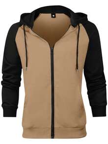 男士基础休闲夹克，秋冬新款，时尚简约插肩袖撞色设计，卡其色/黑色，拉链连帽长袖运动服，适合户外步行和跑步 - 卡其色 - 查看 4