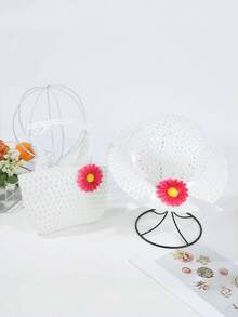 2件套女童多巴胺透气沙滩帽和包包套装，可爱向日葵图案夏季户外遮阳帽 - 2PC - 查看 3