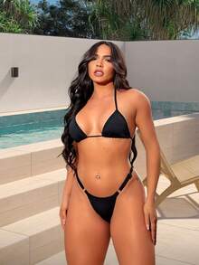 Sexy Tanning Bikini With Adjustable Thin Strap And Thong - 黑色的 - 查看 3