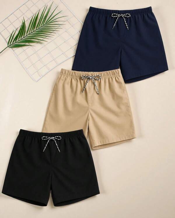 Set de 3 shorts básicos rectos y holgados para niños, ideales para ir a la escuela, el diario casual, las vacaciones, los deportes, perfectos para verano. Set de tres pantalones cortos informales para niños de 2-7 años.