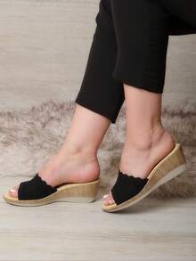 Sandalias tejidas con cuña, sandalias de plataforma caladas, sandalias slide mujer, sandalias tipo malla elástica, chanclas con suela efecto madera, sandalias sin hebilla cómodas, calzado veraniego femenino, sandalias abiertas con diseño decorativo. - Negro - Ver 3
