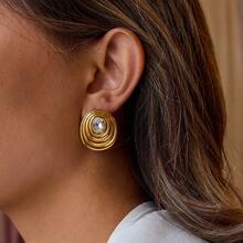 Uworld Exaggerated Rhinestone Metal Cocoon Shape Ear Clips Earrings For Women Europe America Chic Unique Vintage Jewelry Accessories 18k Gold Plating - Gold - View 2