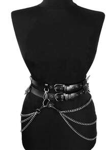 女士黑色性感 PU 皮革紧身胸衣腰带，带链条装饰，哥特式时尚配饰，适合狂欢 - 黑色 - 查看 3