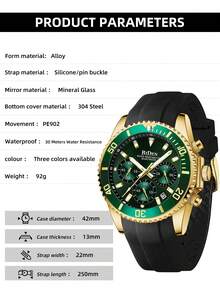 BIDEN Men's Watch Diving Bezel Chronograph Waterproof Luminous Design Rubber Strap Sports Analog Date - Green - View 10