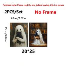 2 件鬼抱着黑猫墙壁艺术、万圣节哥特式海报、恐怖鬼魂印刷品、恐怖猫插图黑暗艺术装饰、图书馆帆布印刷品、墙壁艺术、海报、带框架的墙壁艺术、万圣节家居装饰，适用于客厅、卧室、办公室等 - 非常适合节日、壁画、海报、生日礼物、毕业礼物 - 帆布材料（可选框架）