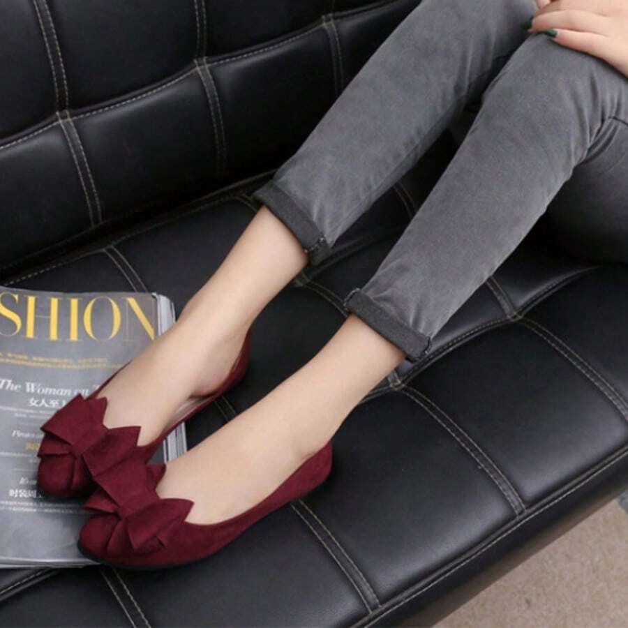 Zapatos individuales mujeres con puntas de primavera y otoño, lazos, suelas planas, zapatos de frijol, boca poco profunda y zapatos gruesos para perezosos - Burdeos - Ver 1