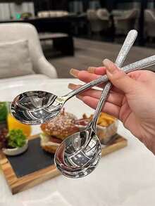 1/4/8pcs Elegant Stainless Steel Hammered Round Head Spoons - Perfect For Soup, Rice And Desserts - Durable Kitchen And Dining Tableware, Soup Spoons - Silver - View 5