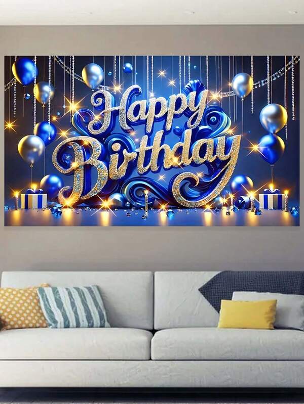 1pc Gold & Blue Sparkle Happy Birthday Banner - Made Of Polyester Balloons, Suitable For Party, Home & Office Celebrations