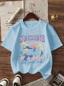 1 pieza Camiseta de cuello redondo de manga corta estampada de colores casual para niñas, ropa de verano para estudiantes y jóvenes - Estampados vibrantes que inspiran la imaginación y la autoexpresión