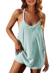 Women's Summer Sleeveless Mini Dress With Built-In Shorts - Mintgreen - View 1