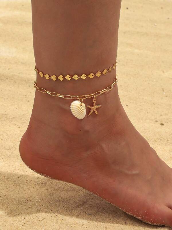 2pcs Women Ocean Breeze Shell Chain Anklets Set, Fashion Versatile Minimalist Jewelry Accessories Suitable For Summer