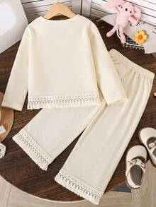 Tween Girls Floral Decor Fringe Hem Waffle Knit Sweatshirt And Ruffle Trim Straight Pants Set