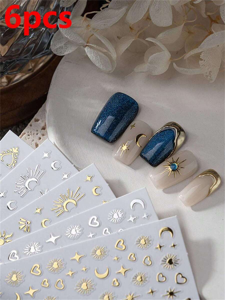 6张波西米亚主题美甲贴纸，包含星星、月亮、图案和心形美甲用品 - 彩色 - 查看 1