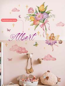 1 件 30*120 厘米玫瑰花束公主白马城堡墙贴，花卉仙女贴花，适用于儿童房、公主房、托儿所，可移除且自粘