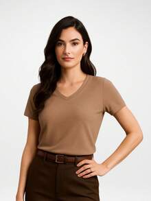 Women's Plain V-Neck Short Sleeve Basic T-Shirt Blouse Premium Mesh - 卡其色 - 查看 1