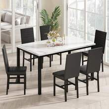 Recaceik Dinner Table Set For 6,Faux Marble Dining Room Table Set,7 Piece Dining Table Set For 6 With PU Leather For Kitchen And Dining (White & Black) - Black - View 2