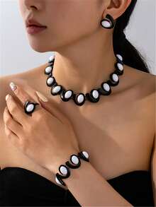 5pcs/Set Fashion European And American Exaggerated Black And White Necklace, Earrings, Bracelet, Ring Jewelry Set, Faux Pearl Decorative Design Accessories - Yellow Gold - View 27
