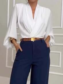 Women's Fashionable Elegant Long Sleeve Versatile Blouse Top, Solid Color Polyester, Spring/Summer - White - View 2