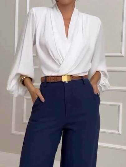 Blusa elegante de manga larga y uso versátil para mujer, unicolor de poliéster, primavera/verano blanco