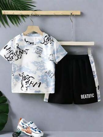 New Kids Summer Short Sleeve T-Shirt & Shorts 2 Pieces Set, Sporty Casual Thin Stylish Outfit For Toddler Boys