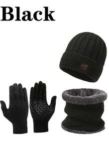 Set de 3 piezas de bufanda y guantes de invierno para adultos, gorro de lana forrado para hombres para exteriores, gorro de punto suave con puño plegable/accesorios de invierno de moda y unicolor para esquiar