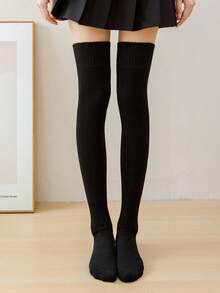 زوج من جوارب طويلة فوق الركبة للنساء باللون الأحادي، سميكة ذات بطانة فرو دافئة ومقاومة للبرودة، جوارب عادية وشاملة JK طويلة حتى الفخذ ، ناعمة ومريحة مناسبة للطلاب والكبار في الخريف والشتاء