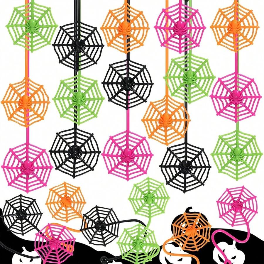 10/20pcs Halloween Spider Web - Sticky Soft Ribbon Decoration With Spider Pattern, Multiple Colors Halloween Decor - Multicolor - View 1