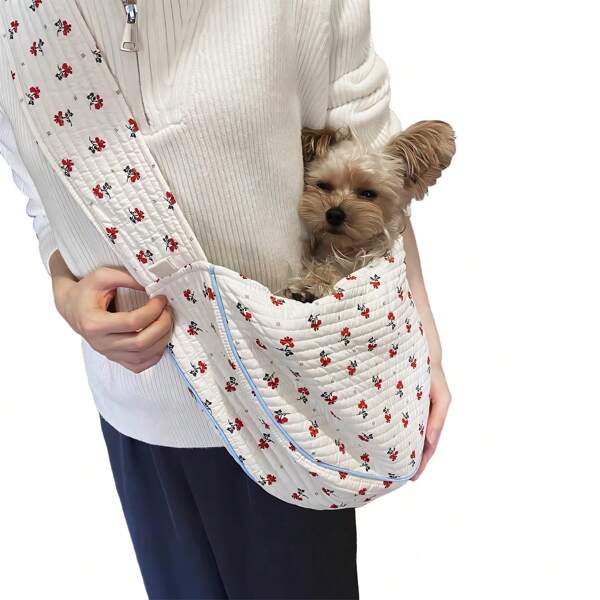 1pc Pet Cat Dog Backpack Shoulder Crossbody Bag, Floral Cute Cat Dog Travel Bag, Fresh And Simple Ditsy Ditsy Floral, Quilted Fabric Easy To Clean, With Lid + Side Pocket, Practical For Home/Outdoor Use