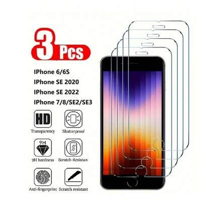 3片装屏幕保护膜，兼容 6、6S、7、8、SE2、SE3，部分玻璃覆盖，适用于SE 2020、SE 2022。