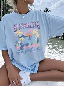 1 pieza Camiseta de cuello redondo de manga corta estampada de colores casual para niñas, ropa de verano para estudiantes y jóvenes - Estampados vibrantes que inspiran la imaginación y la autoexpresión