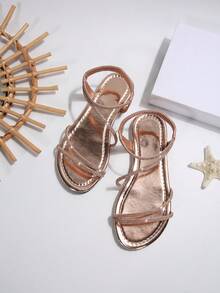 夏季新款露趾条纹交叉松紧带露趾平底凉鞋女欧美风 - 香檳色 - 查看 7