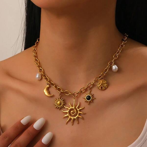 1pc Millennium Vintage Sun And Moon Pendant Necklace, Gold Plated Stainless Steel Adjustable Chain With Natural Gemstone, Delicate Luxurious Versatile Women Choker (18-22 Inches)