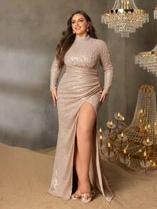 Faeriesty Curve Plus Elegant Sequin Evening Gown With Long-Sleeve Mermaid Silhouette & Dramatic Side High Slit – Sophisticated Pearls Details For Luxury Academic Galas, Heritage Estate Banquets & Red Carpet Events - Champagne - View 3