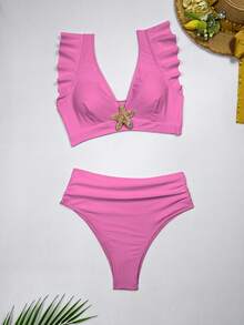 Fashionable & Slimming Ruffle Premium Sexy Bikini Swimwear Set, Perfect For Vacation - Pink - View 6