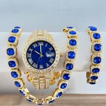 Set de joyería de 3 piezas estilo europeo y americano hip-hop con diamantes completos, reloj, collar y pulsera con rhinestones, correa de metal y calendario, regalo para estudiantes hombres y mujeres