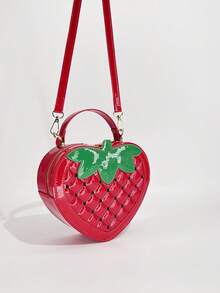 Strawberry Shaped PU Cross-Body Bag, Quilted Pattern, Zipper Closure, With Detachable Strap And Cosmetic Pouch, Suitable For Themed Occasions, Fashion Mini Strawberry Purse Fruit Bag Women Shoulder Bag Back To School Season - Red - View 8