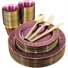 150PCS Clear Black Plastic Plates - Gold Party Plates - Black And Gold Dinnerware Set Include: 50 Plate, 25Cups, 25Forks, 25Knives, 25Spoons For New Year & Party & Father's Day - Purple - View 1