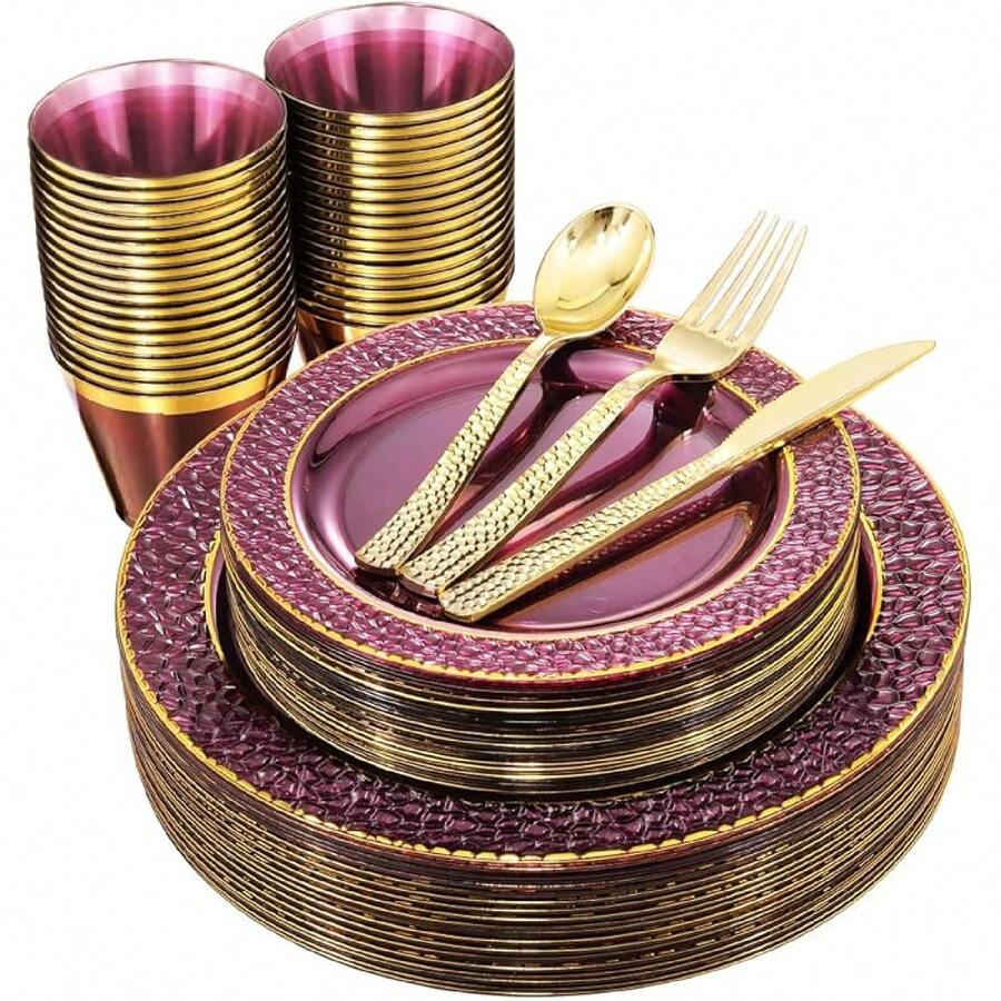 150PCS Clear Black Plastic Plates - Gold Party Plates - Black And Gold Dinnerware Set Include: 50 Plate, 25Cups, 25Forks, 25Knives, 25Spoons For New Year & Party & Father's Day - Purple - View 1