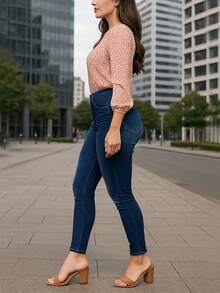 Jeans skinny stretch de mezclilla azul oscuro para mujer, cintura alta con detalles desgastados, levanta glúteos, estilo casual elegante - Azul - Ver 4