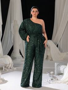 单肩亮片连体裤，灯笼袖设计，配有可调节腰带和阔腿裤 | 奢华魅力正式设计 | 完美适用于婚礼、晚宴、派对招待会和高端庆典 | 圣诞节配套服装