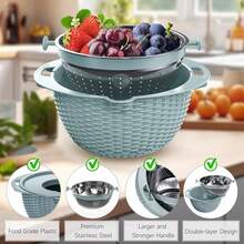 4-1 Strainer Bowl With Lid Set - Strainers And Colanders - Colanders For Kitchen - Food Strainer With Graters & Spoons - Fruit Washing Bowl With Colander Pasta Rice Strainer For Veggie Wash - Blue - Blue and White - View 8