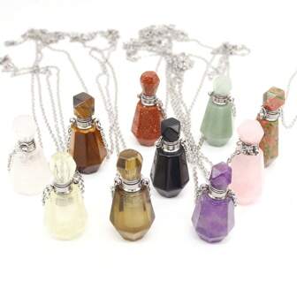 1pc Retro Natural Stone Polygonal Perfume Bottle Pendant Necklace, Bohemian Style, Can Be Used As Aroma Diffuser, Home Decor, Holiday, Thanksgiving, Easter, Birthday Gift