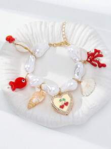 1pc Handmade Sealife Red Coral Shell Heart Locket Charm Bracelet, Boho Pearl Bracelets Jewelry For Summer Women Beach Style